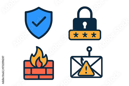 Cybersecurity symbols for data protection, secure password, network firewall, and phishing email threats