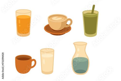 Collection of various refreshing beverages such as coffee, orange juice, milk, and green smoothie in different glasses and cups