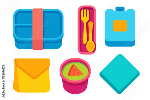 Colorful collection of lunchbox essentials including food containers, cutlery, and an ice pack for school or work meals