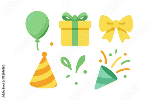 Festive celebration party elements collection including balloon gift box bow hat and confetti popper for various events