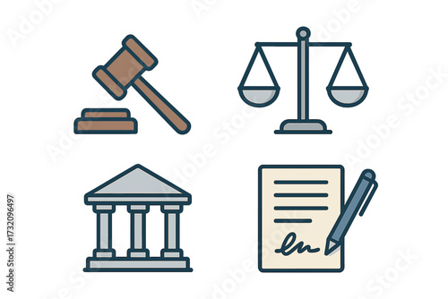 Essential legal system symbols including justice scales, judge's gavel, courthouse building, and signed contract document