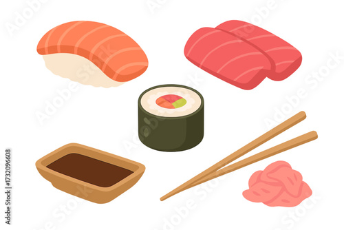 Japanese sushi set with nigiri, maki roll, sashimi, soy sauce, chopsticks, and ginger on a plate, traditional Asian cuisine