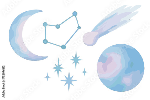 Watercolor celestial elements set with crescent moon, sparkling stars, streaking comet, and a distant planet in soft pastel colors