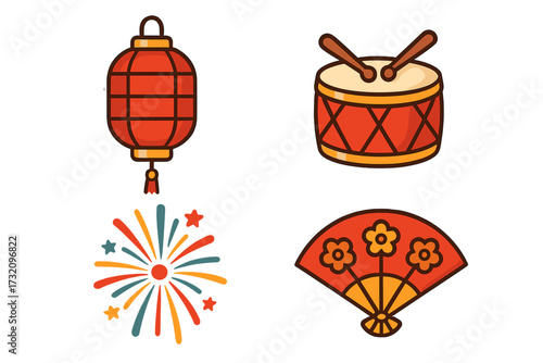 Festive Asian cultural symbols featuring a red lantern, traditional drum, colorful fireworks, and an ornate folding fan