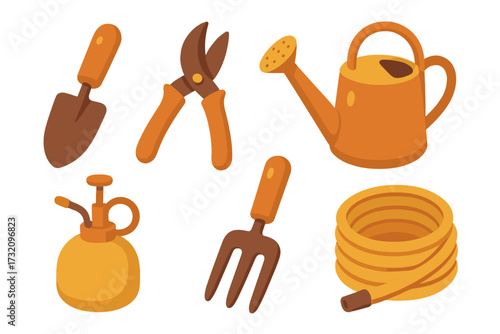 Essential gardening tools and equipment set featuring trowel, shears, watering can, sprayer, fork, and hose