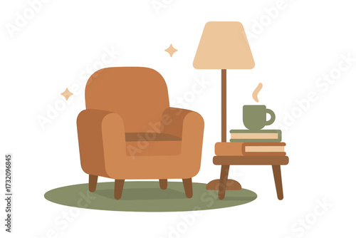 Inviting cozy reading nook setup with a comfortable armchair, floor lamp, stacked books, and a steaming mug on a small side table