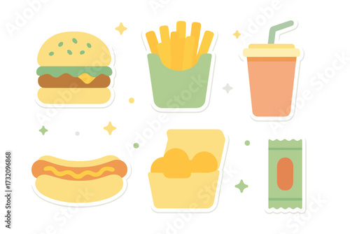 Delicious popular fast food items featuring a classic burger, crispy golden fries, hot dog, refreshing soda drink, and chicken nuggets