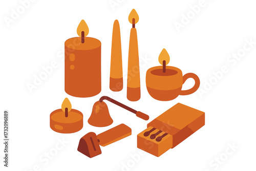 Assortment of burning candles in different shapes including pillar, taper, tealight, and jar with essential candle accessories