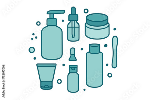 Collection of various cosmetic and skincare product containers including bottles, jars, tubes, and droppers for beauty and personal care
