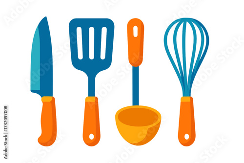 Vibrant kitchen utensils set featuring a knife, spatula, ladle, and whisk for cooking and culinary tasks