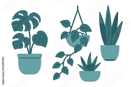 Diverse green potted houseplants like monstera, snake plant, and succulent for modern interior decoration