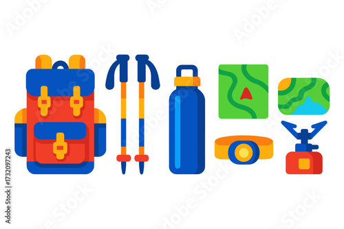 Essential hiking and camping gear collection with backpack, trekking poles, water bottle, maps, headlamp, stove