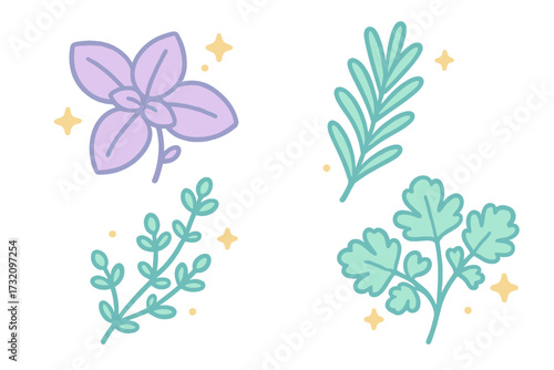 Assortment of stylized culinary herbs and aromatic plants with decorative sparkling accents on a clean white background