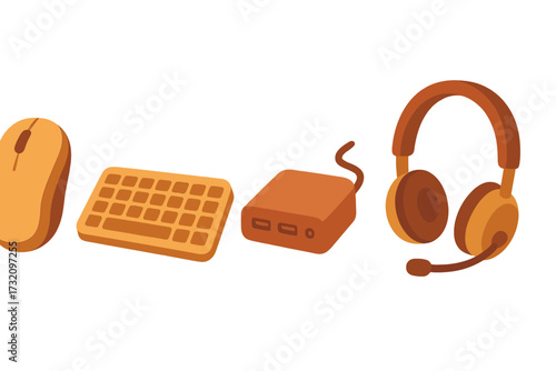 Collection of essential computer peripherals including mouse, keyboard, power bank, and headset for modern digital work and gaming