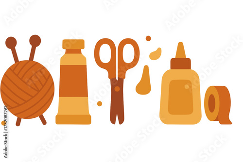 Assortment of craft supplies for creative hobbies including yarn, knitting needles, paint, scissors, glue, and tape