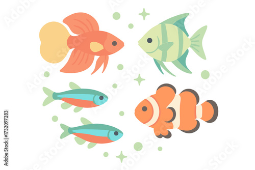 Vibrant collection of popular tropical aquarium fish species including betta, angelfish, neon tetra, and clownfish for aquatic themes
