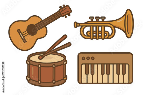 Assortment of classic and modern musical instruments featuring a guitar, trumpet, drum, and electronic keyboard