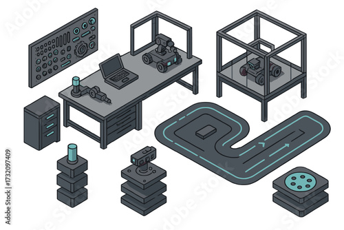 Modern robotics engineering laboratory with automated systems, development tools, test track, and control interface