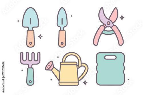 Pastel colored collection of essential gardening tools including trowels, rake, shears, watering can, and kneeling pad