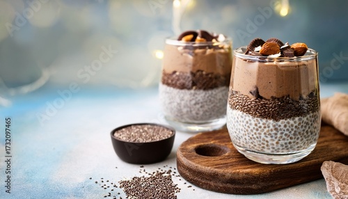 Chocolate Chia Overnight Oats In Glasses Selective Focus Copy Space