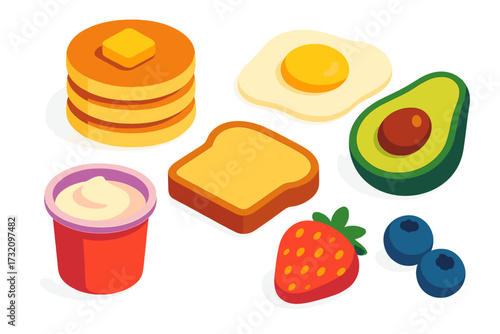 Assortment of healthy breakfast food items including pancakes, fried egg, toast, avocado, yogurt, strawberry, and blueberries