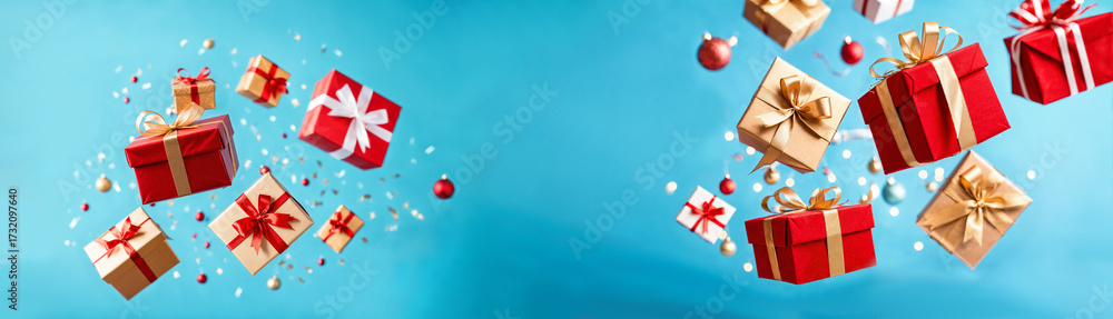 Fototapeta premium christmas gifts and ornaments flying with copy space on blue background