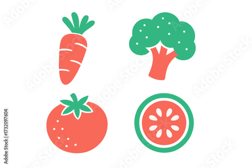 Colorful graphic design elements depicting healthy produce including carrot broccoli tomato and watermelon slice for nutrition concepts