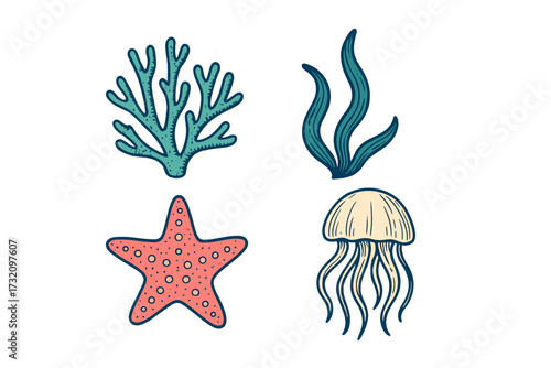 Collection of diverse underwater marine life elements including coral, seaweed, starfish, and jellyfish