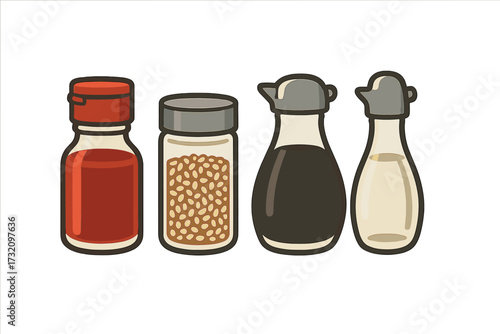 Assortment of Asian condiments including soy sauce, chili oil, sesame seeds, and vinegar bottles