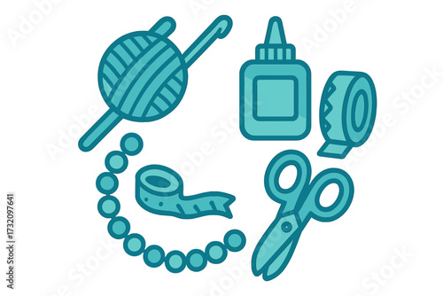 Diverse collection of crafting supplies and tools including yarn, glue, scissors, beads, and tape for creative hobbies and DIY projects