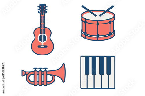 Classic musical instruments collection featuring acoustic guitar, drum, trumpet, and piano keyboard elements