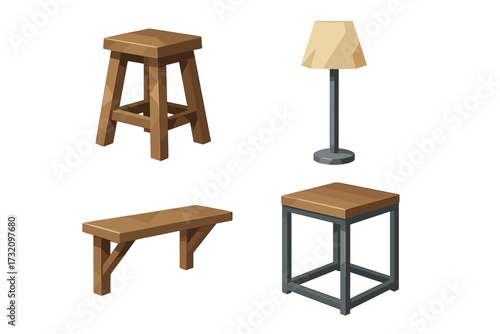 Wooden and metal furniture pieces including stools, a bench, and a floor lamp for home interior design