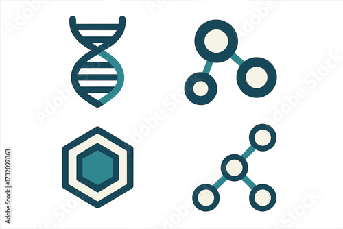 Genetic DNA helix, hexagonal chemical structure, and interconnected molecular bonds for scientific research and technology