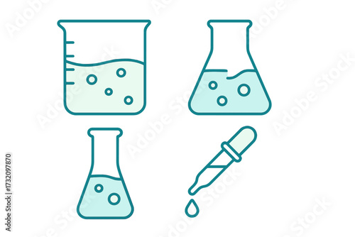 Science laboratory glassware set with beaker, flasks, and dropper for chemical experiments and research