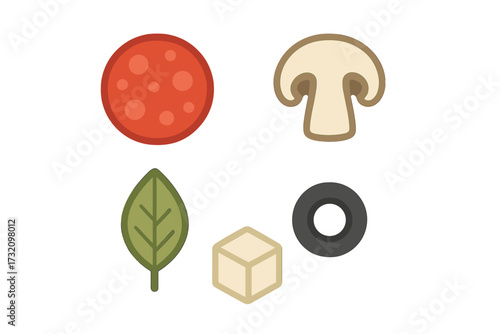 Assortment of pizza ingredients featuring pepperoni, mushroom, basil leaf, cheese cube, and black olive