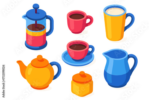Assortment of colorful isometric coffee and tea serving items including cups, pots, a sugar bowl, and a creamer