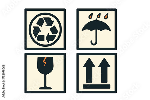 Essential shipping and handling symbols for packaging boxes including recycle fragile keep dry and this way up