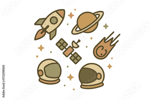 Outer space elements featuring rocket, ringed planet, communication satellite, comet, and astronaut helmets