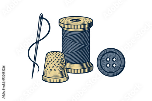 Classic sewing kit essentials featuring needle, spool of thread, thimble, and button for tailoring and craft projects