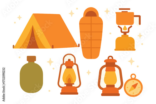 Camping equipment set with tent, sleeping bag, stove, lanterns, canteen, and compass for outdoor adventure
