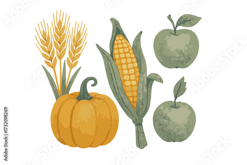 Collection of autumn harvest elements including a vibrant orange pumpkin, golden wheat stalks, an ear of corn, and fresh green apples