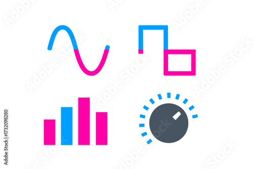 Abstract data visualization elements including wave forms, bar chart, and control knob for technology and business applications