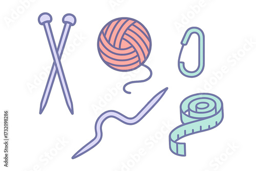 Assortment of knitting and crafting tools including yarn ball, needles, crochet hook, and measuring tape for handmade projects