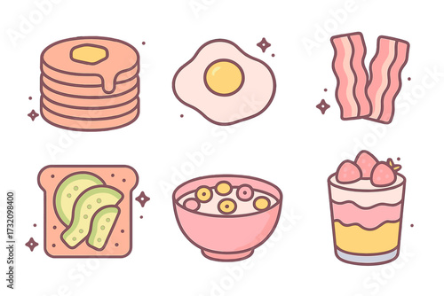 Collection of various breakfast and dessert items including pancakes, fried egg, bacon, avocado toast, cereal, and strawberry parfait