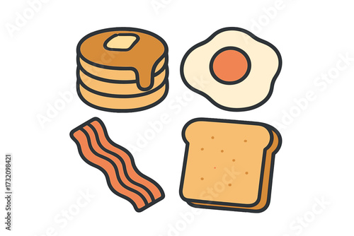 Assortment of popular breakfast foods like fluffy pancakes, a fried egg, crispy bacon, and a slice of toast