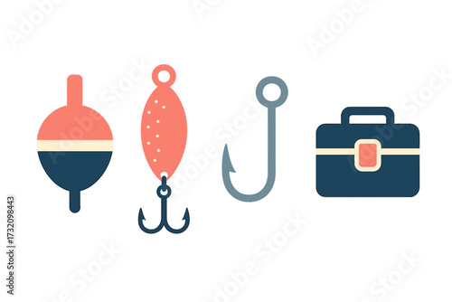 Essential fishing equipment including bobber, lure, hook, and tackle box for angling hobby and outdoor recreation