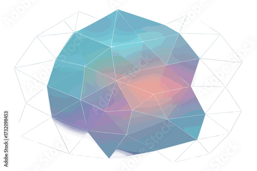Abstract geometric polygonal shape with vibrant gradient colors and intricate wireframe structure on a white background