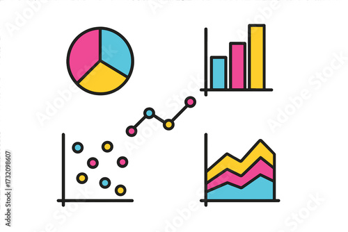 Colorful data visualization charts and graphs for business analysis, financial reporting, and statistical presentation