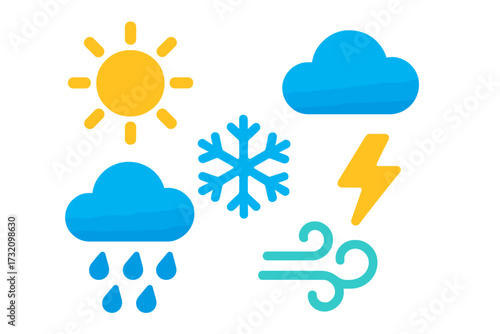 Weather forecast icons featuring sun, cloud, rain, snowflake, lightning, and wind symbols for meteorological use