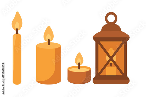Collection of various burning candles including pillar, taper, tea light, and a decorative lantern with a lit candle inside